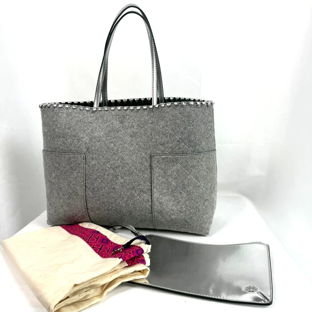 Tory Burch Block-T Felt Fabric Tote Grey/Silver Style 31107 w Silver MakeUp bag